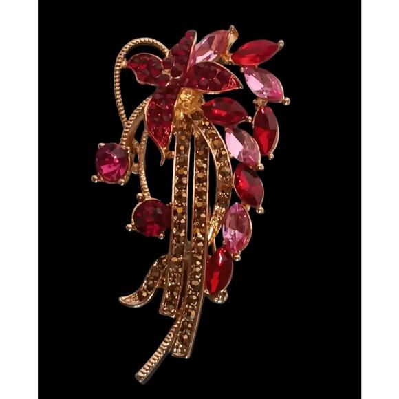 Napier Gold Tone Brooch Pin Ruby Red Pink Cascading Rhinestone - Picture 11 of 11